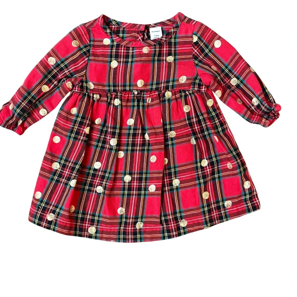 Old Navy Baby Girls Red Plaid Dress Gold Polka Dots Pleats Christmas Holiday 3-6